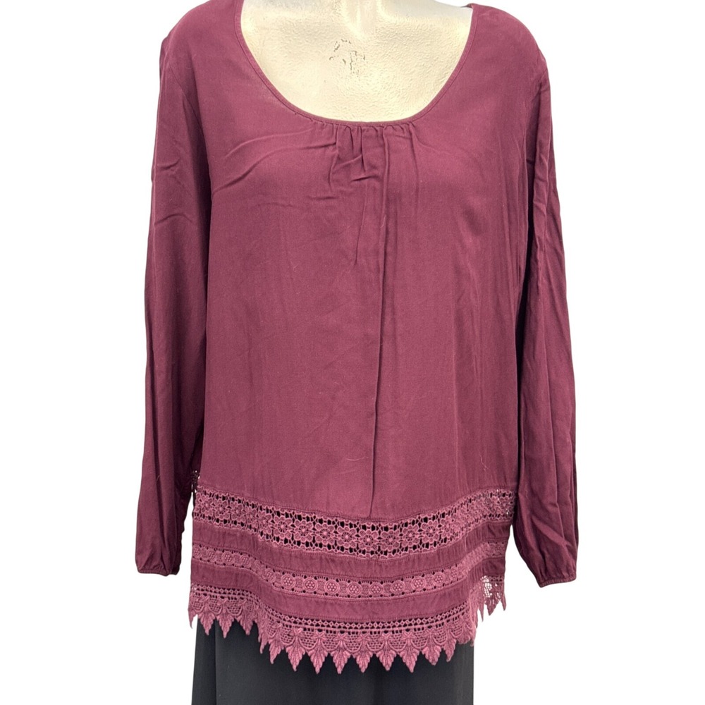 Ariat Womens XL Long Sleeve Burgundy Blouse Top Lace Trim Western‎